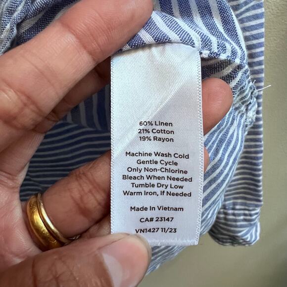 Talbots Linen Band Collar Popover Top Size XL Blue Sweet Stripe Coastal Preppy - Picture 7 of 7
